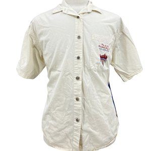 Vintage NY Line Men's Retro Graphic Button Down Beige Shirt Size Small 90's